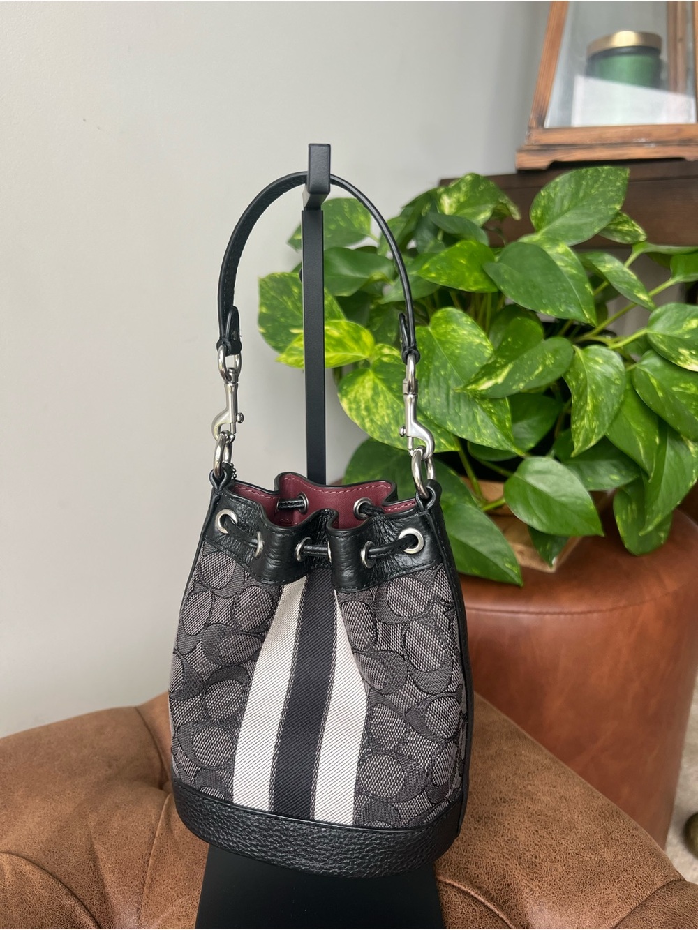 Coach C8322 Mini Dempsey Bucket Bag In Signature Jacquard with Stripe and Coach - Picture 2 of 8